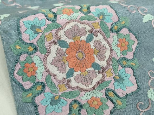 平和屋着物●太鼓柄袋帯　紬地　総刺繍　格子花文　正絹　逸品　未使用　DABA1716ps