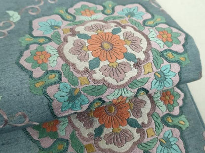 平和屋着物●太鼓柄袋帯　紬地　総刺繍　格子花文　正絹　逸品　未使用　DABA1716ps