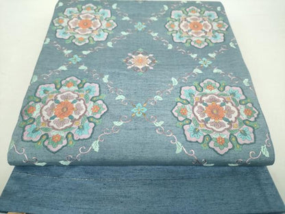 平和屋着物●太鼓柄袋帯　紬地　総刺繍　格子花文　正絹　逸品　未使用　DABA1716ps