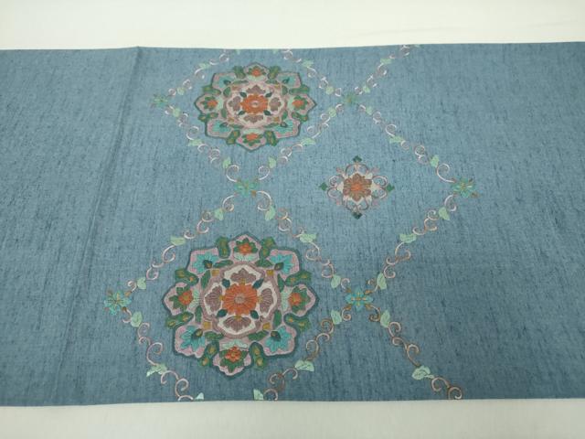 平和屋着物●太鼓柄袋帯　紬地　総刺繍　格子花文　正絹　逸品　未使用　DABA1716ps