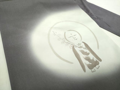 平和屋着物●塩瀬　九寸名古屋帯　手描き　おじそうさん　濃紫地　正絹　逸品　DABA1828ps