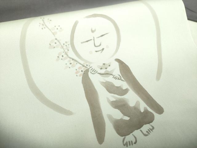 平和屋着物●塩瀬　九寸名古屋帯　手描き　おじそうさん　濃紫地　正絹　逸品　DABA1828ps