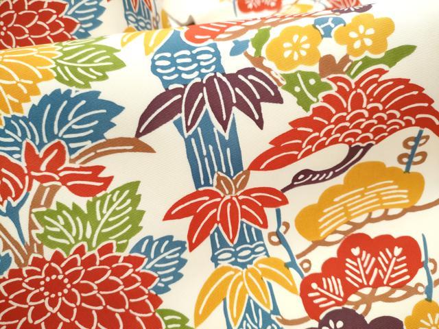 平和屋着物●塩瀬　全通柄　九寸名古屋帯　型染め　飛鶴松竹梅菊文　正絹　逸品　CABB9301hy