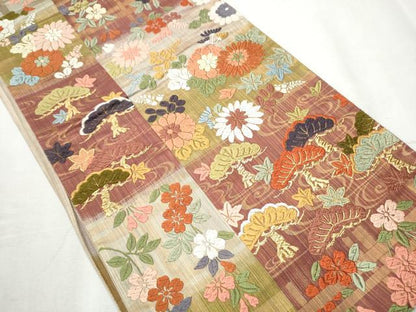 平和屋着物●両面　六通柄袋帯　唐織　松菊桜　金糸　正絹　逸品　CABB9319hy