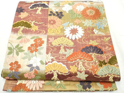 平和屋着物●両面　六通柄袋帯　唐織　松菊桜　金糸　正絹　逸品　CABB9319hy