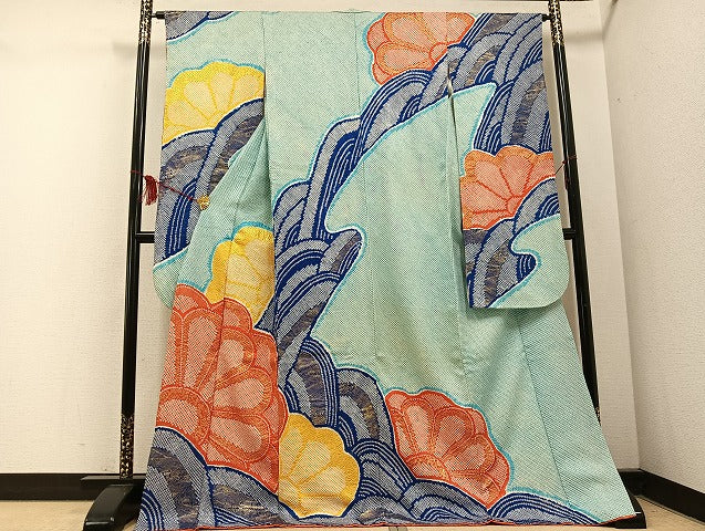 平和屋着物●豪華振袖　絞り　立波花文　金彩　ロング丈　正絹　逸品　AABF0021ph