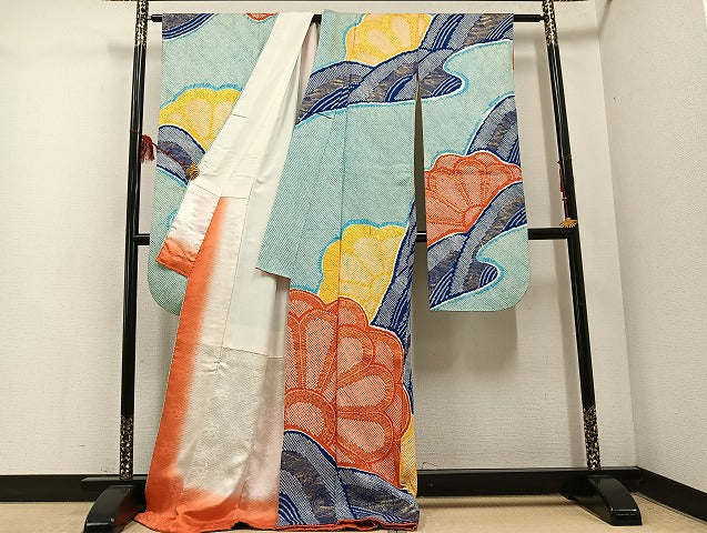 平和屋着物○豪華振袖 絞り 立波花文 金彩 ロング丈 正絹 逸品 AABF0021ph