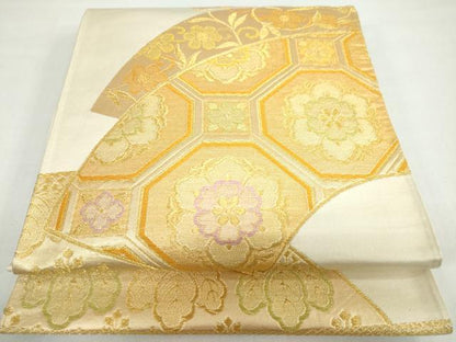 平和屋着物◎西陣　六通柄袋帯　地紙重ね草花文　金糸　正絹　逸品　未仕立て　DABB0238ud