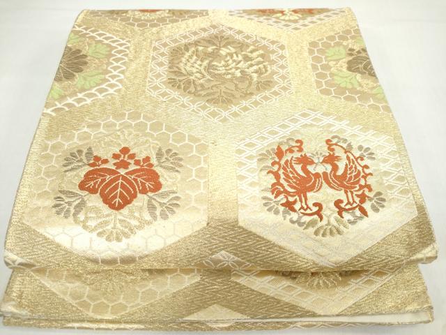 平和屋着物◎六通柄袋帯 亀甲花鳥文 金糸 正絹 逸品 DABB0259ud