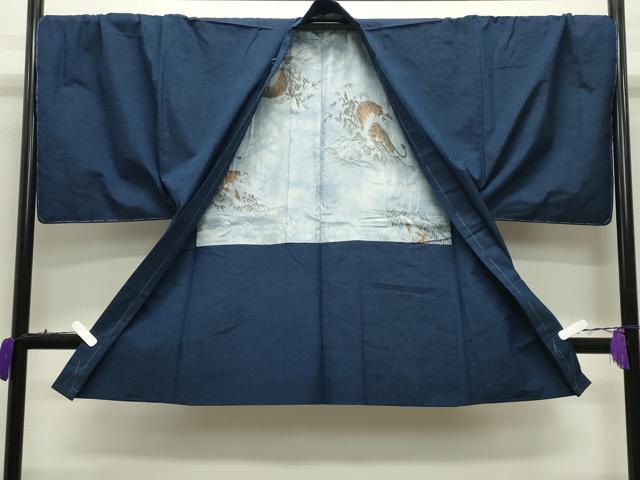 平和屋着物●男性 古代結城紬 アンサンブル・長襦袢セット 霞文 濃藍色 証紙付き 正絹 逸品 未使用 CABB0047gh