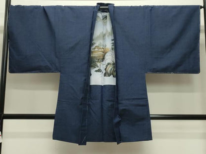 平和屋着物●男性 紬 アンサンブル 霞文 鉄紺色 正絹 逸品 CABB0048gh