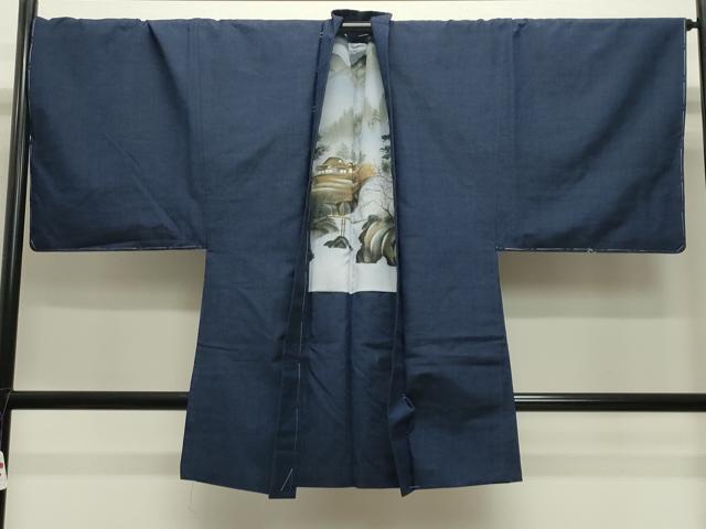 平和屋着物●男性 紬 アンサンブル 霞文 鉄紺色 正絹 逸品 CABB0048gh