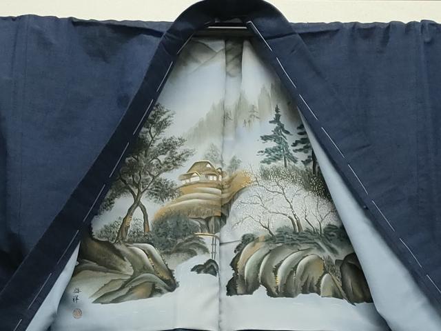 平和屋着物●男性 紬 アンサンブル 霞文 鉄紺色 正絹 逸品 CABB0048gh