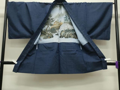 平和屋着物●男性 紬 アンサンブル 霞文 鉄紺色 正絹 逸品 CABB0048gh