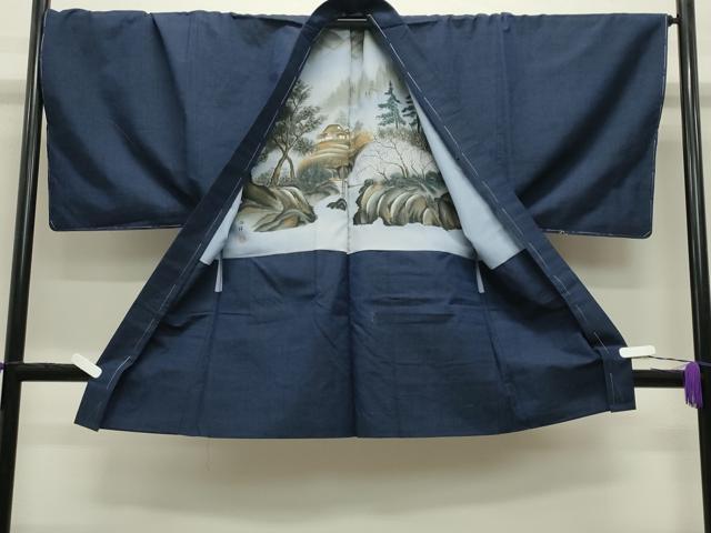 平和屋着物●男性 紬 アンサンブル 霞文 鉄紺色 正絹 逸品 CABB0048gh