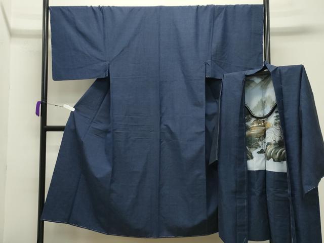 平和屋着物●男性 紬 アンサンブル 霞文 鉄紺色 正絹 逸品 CABB0048gh