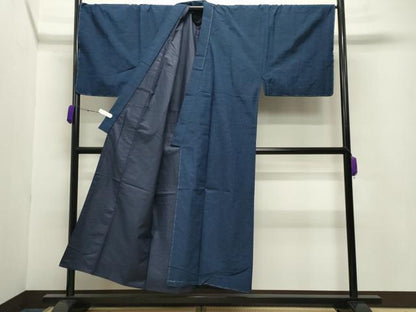 平和屋着物●男性 古代結城紬 アンサンブル・長襦袢セット 霞文 濃藍色 証紙付き 正絹 逸品 未使用 CABB0047gh