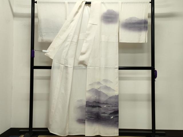 平和屋着物＊夏物 訪問着 絽 手描き 遠山飛鳥文 暈し染め 銀彩 正絹 逸品 CABB0142gh