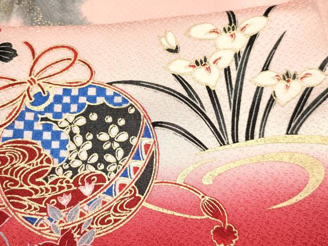 平和屋着物[]七五三　女の子　７歳　祝着　四つ身　御所車鞠花文　暈し染め　金彩　逸品　DABA3636ma