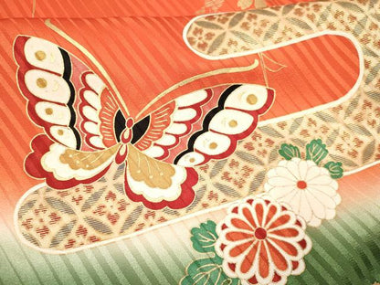 平和屋着物[]七五三　女の子　７歳　祝着　四つ身　エ霞花蝶文　暈し染め　金彩　洗える着物　DABA3633ma