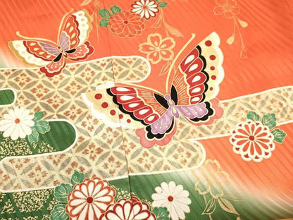 平和屋着物[]七五三　女の子　７歳　祝着　四つ身　エ霞花蝶文　暈し染め　金彩　洗える着物　DABA3633ma