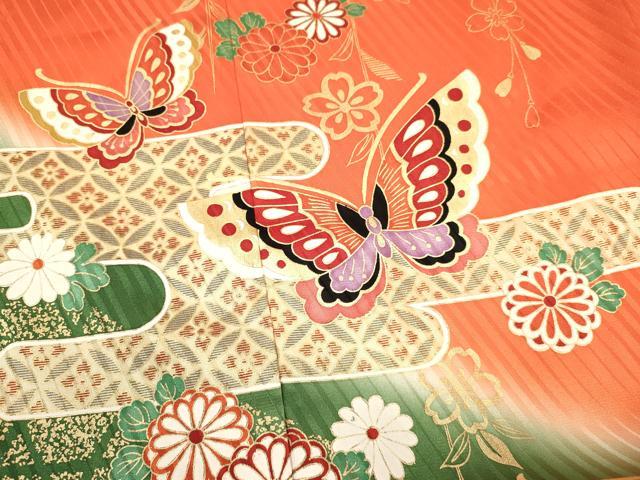平和屋着物[]七五三　女の子　７歳　祝着　四つ身　エ霞花蝶文　暈し染め　金彩　洗える着物　DABA3633ma