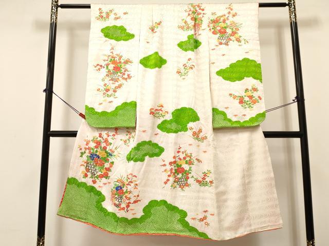 平和屋着物[]七五三　女の子　７歳　祝着　四つ身　駒刺繍　絞り　花籠文　金彩　逸品　DABA3631ma
