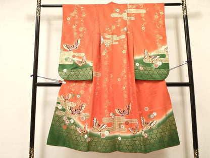 平和屋着物[]七五三　女の子　７歳　祝着　四つ身　エ霞花蝶文　暈し染め　金彩　洗える着物　DABA3633ma