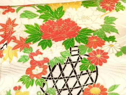 平和屋着物[]七五三　女の子　７歳　祝着　四つ身　駒刺繍　絞り　花籠文　金彩　逸品　DABA3631ma