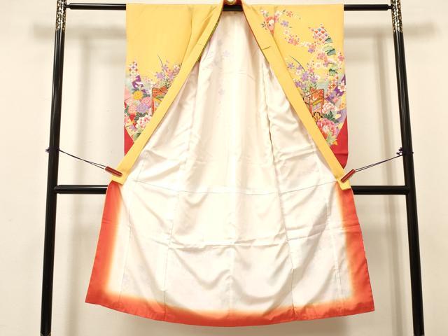 平和屋着物[]七五三　女の子　７歳　祝着　四つ身　御所車花文　暈し染め　金彩　逸品　DABA3662ma