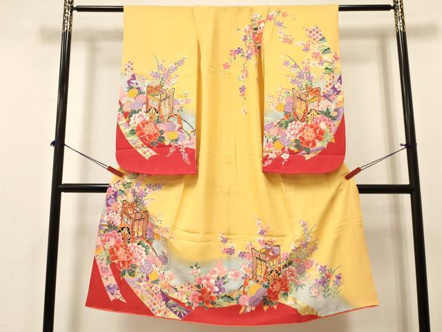 平和屋着物[]七五三　女の子　７歳　祝着　四つ身　御所車花文　暈し染め　金彩　逸品　DABA3662ma