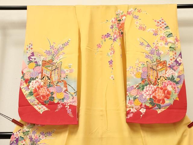 平和屋着物[]七五三　女の子　７歳　祝着　四つ身　御所車花文　暈し染め　金彩　逸品　DABA3662ma