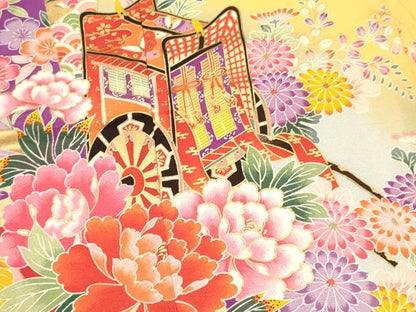 平和屋着物[]七五三　女の子　７歳　祝着　四つ身　御所車花文　暈し染め　金彩　逸品　DABA3662ma