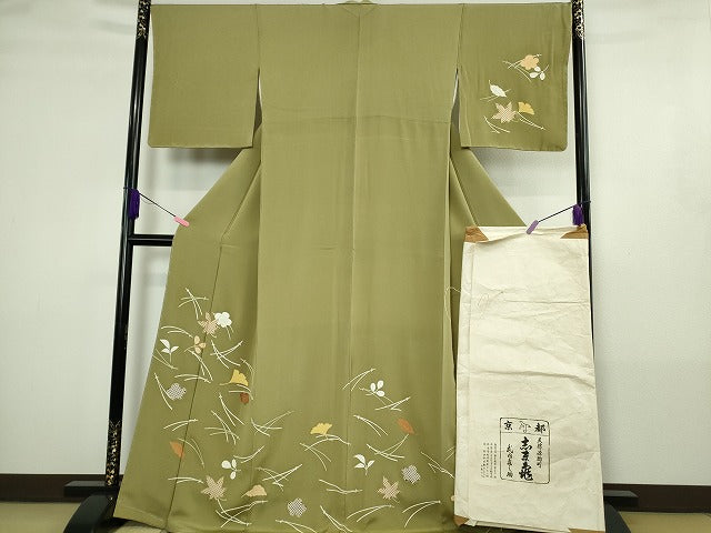 平和屋本店●極上　銀座　志ま亀　訪問着　吹寄せ文　黄海松茶色地　金彩　たとう紙付き　逸品　DZAA4872kh6 平和屋本店○極上 銀座 志ま亀 訪問着 吹寄せ文 黄海松茶色