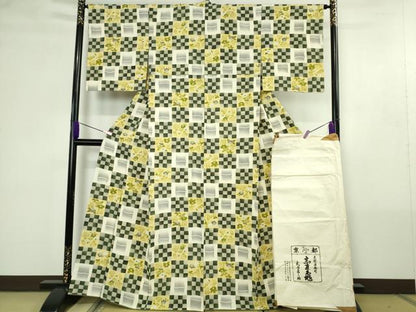 平和屋本店●極上　銀座　志ま亀　小紋　市松吉祥花竹文　鬼しぼ縮緬　たとう紙付き　逸品　DZAB2207kh6