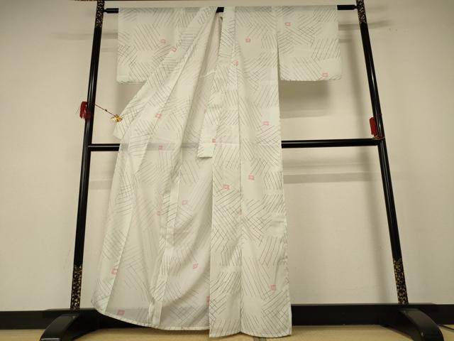 平和屋着物＊夏物 小紋 絽 幾何学文様 洗える着物 AABE8965jd