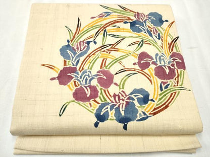 平和屋着物●九寸開き名古屋帯 紬地 型染め 花丸文 正絹 逸品 CABB9387hy