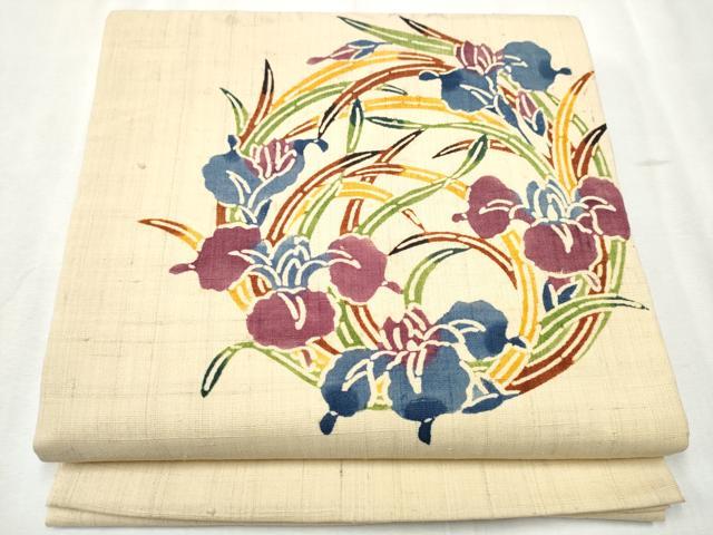 平和屋着物●九寸開き名古屋帯 紬地 型染め 花丸文 正絹 逸品 CABB9387hy