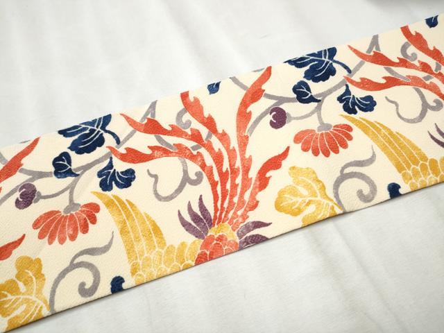 平和屋着物●九寸名古屋帯 型染め 鳳凰花唐草文 鬼しぼ縮緬 正絹 逸品 CABB9406hy