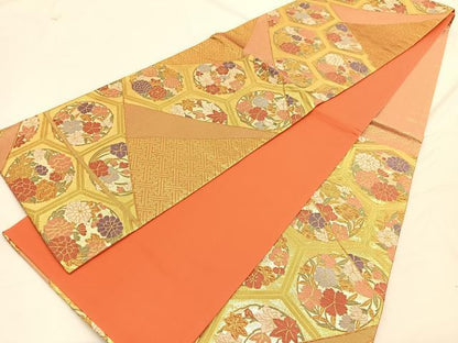 平和屋着物◎本佐賀錦 六通柄袋帯 唐織 亀甲花丸文 金糸 正絹 逸品 BAAW3248hv