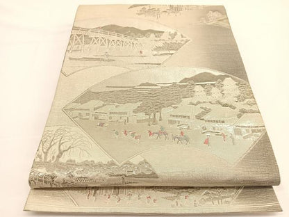 平和屋着物◎六通柄袋帯 唐織 東海道五拾三次図 プラチナ箔 正絹 逸品 BAAW3318hv