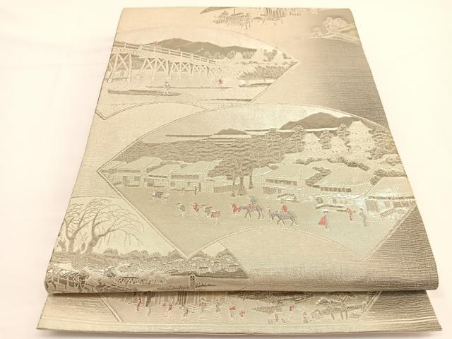平和屋着物◎六通柄袋帯 唐織 東海道五拾三次図 プラチナ箔 正絹 逸品 BAAW3318hv