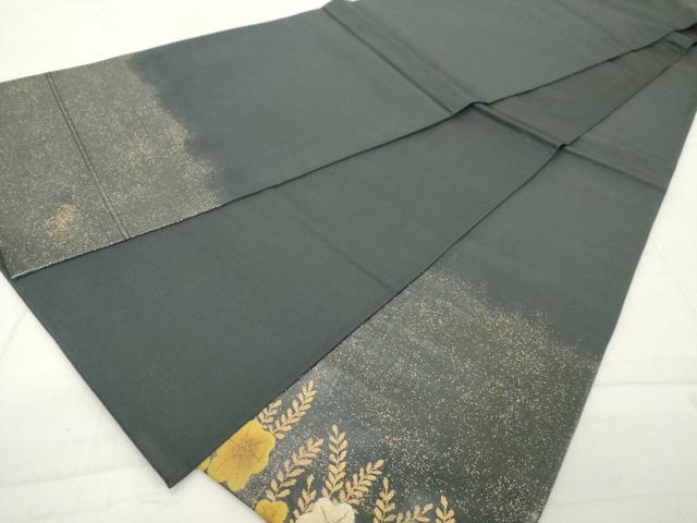 平和屋着物◎太鼓柄袋帯　草花文　黒地　金彩　正絹　逸品　DABB2350cd