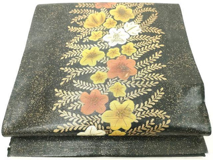 平和屋着物◎太鼓柄袋帯　草花文　黒地　金彩　正絹　逸品　DABB2350cd