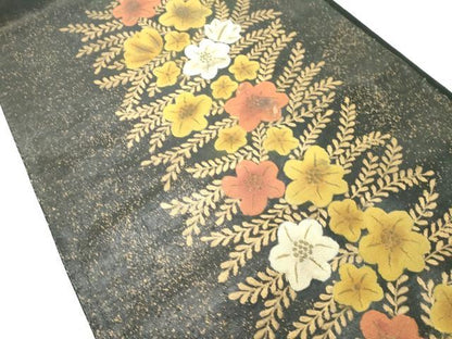 平和屋着物◎太鼓柄袋帯　草花文　黒地　金彩　正絹　逸品　DABB2350cd