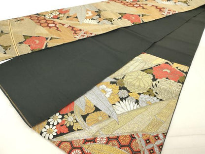 平和屋着物◎六通柄　本袋帯　吉祥笹の葉文　黒地　金銀糸　正絹　逸品　DABB2394cd