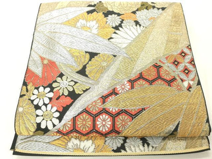 平和屋着物◎六通柄　本袋帯　吉祥笹の葉文　黒地　金銀糸　正絹　逸品　DABB2394cd
