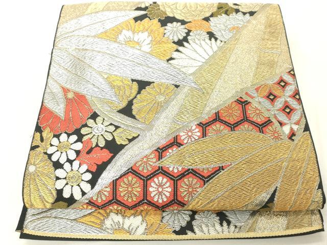 平和屋着物◎六通柄　本袋帯　吉祥笹の葉文　黒地　金銀糸　正絹　逸品　DABB2394cd