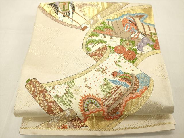 平和屋着物◎六通柄袋帯　人物風景絵巻　金糸　正絹　逸品　DABB2382cd