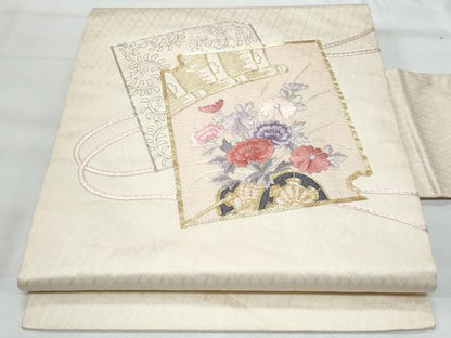 平和屋着物◎九寸名古屋帯 駒刺繍 破れ色紙花車文 銀糸 正絹 逸品 CABB7961fb